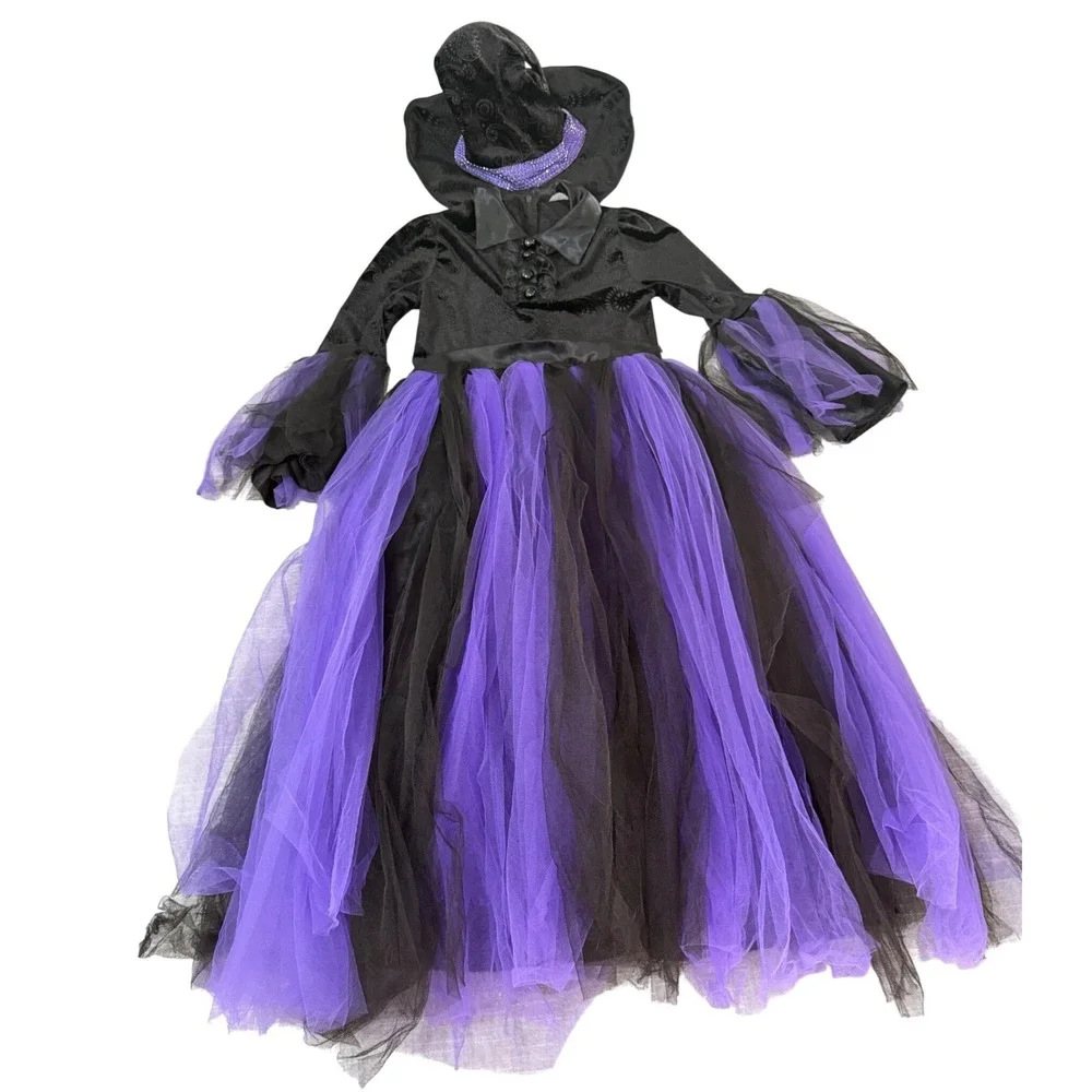 Spirit Halloween Kids Witch Costume Black Purple Paisley Tulle Dress Hat Medium